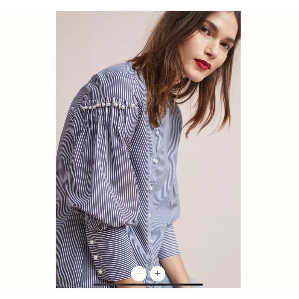 JOA Anthro Top Pearl Buttoned Blouse Blue Pinstripe Puff Balloon Sleeves Small